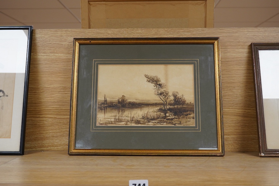 John Terris (1865-1914), Riverscape, sepia ink and wash, signed, 16 x 24cm